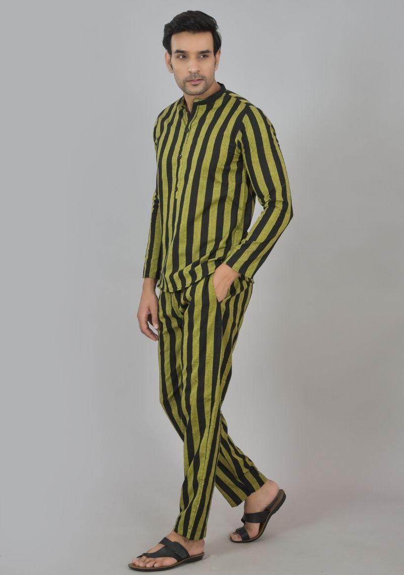 Men Cotton Stripe Co-ord Set Black Olive Green-48605