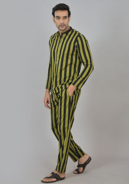 Men Cotton Stripe Co-ord Set Black Olive Green-48605