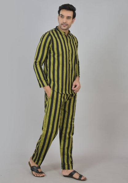 Men Cotton Stripe Co-ord Set Black Olive Green-48605