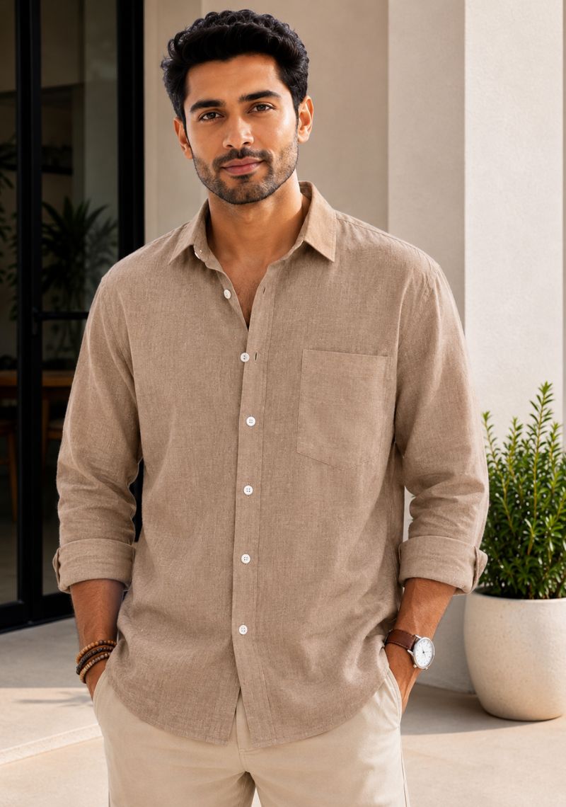Dark Beige Linen Relaxed Fit Full Sleeve Shirt-51889