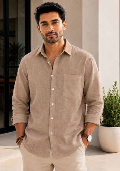 Dark Beige Linen Relaxed Fit Full Sleeve Shirt-51889