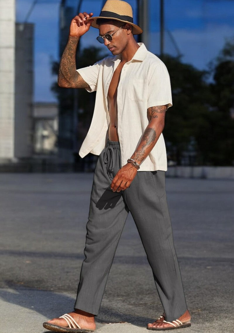 Dark Gray Linen Loose Fit Men Pant-49492