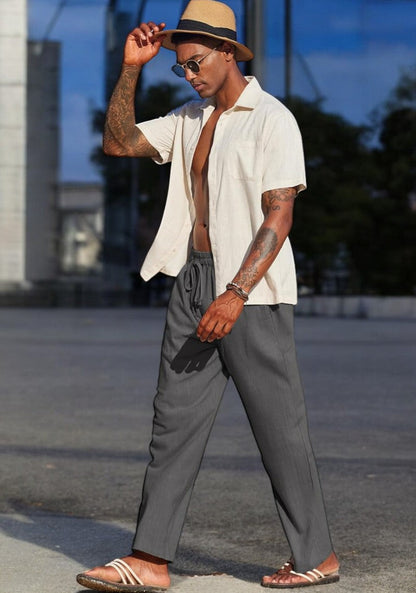 Dark Gray Linen Loose Fit Men Pant-49492