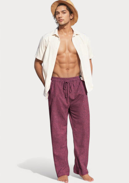 Dark Pink Cotton Linen Loose Fit Men Pant-49509