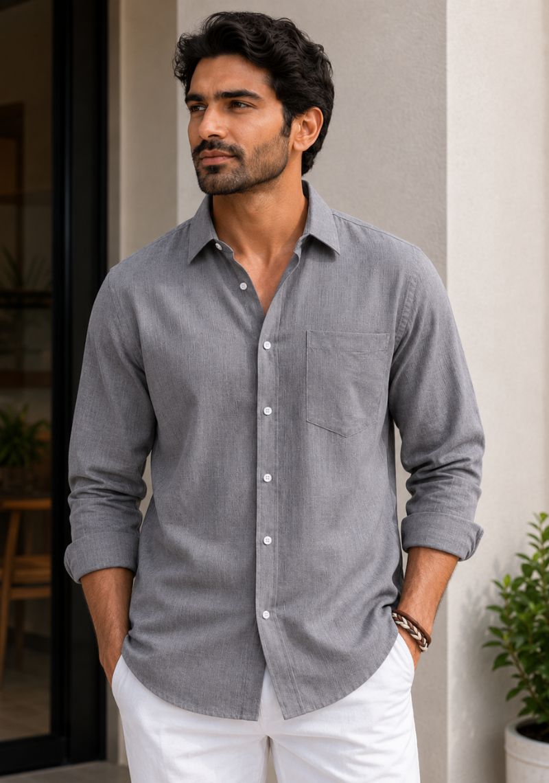 Gray Linen Relaxed Fit Full Sleeve Shirt-51883