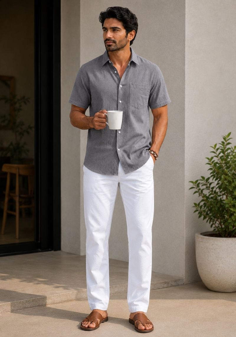 Gray Linen Relaxed Fit Half Sleeve Shirt-51705