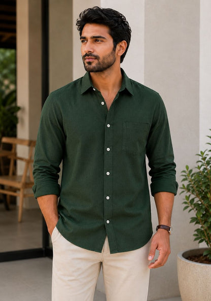 Green Linen Relaxed Fit Full Sleeve Shirt-51876
