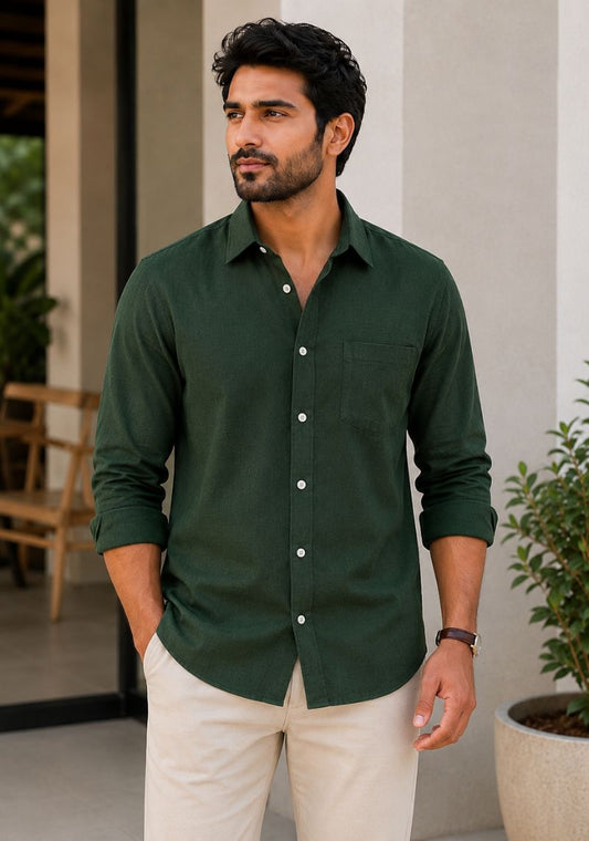 Green Linen Relaxed Fit Full Sleeve Shirt-51876