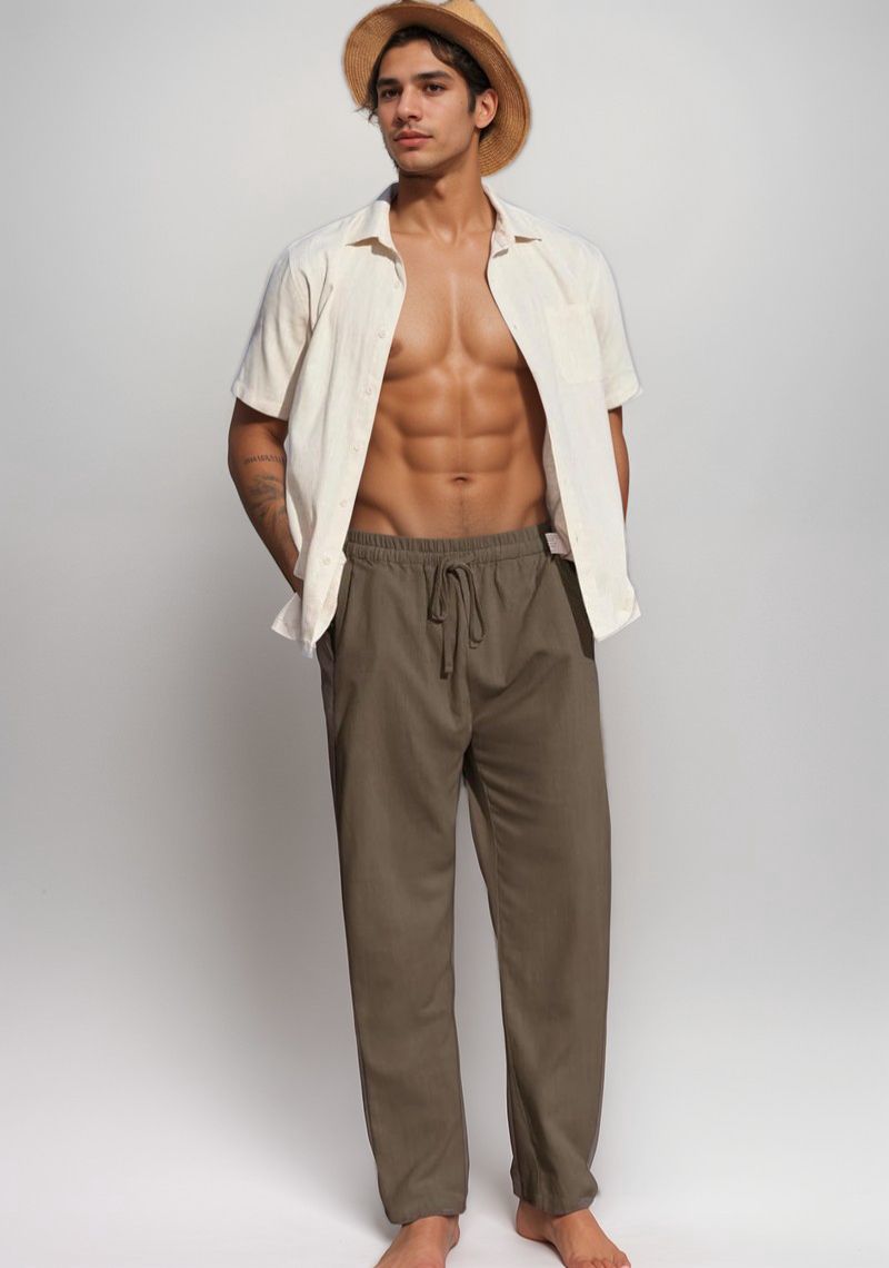 Khaki Linen Loose Fit Men Pant-49498