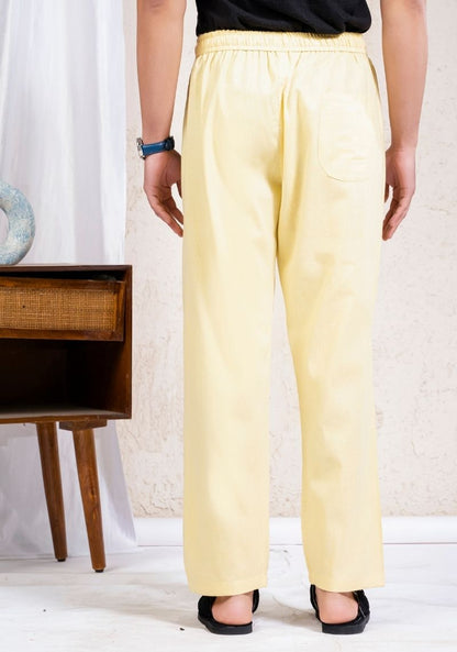 Lemon Yellow Cotton Linen Loose Fit Men Pant-49526