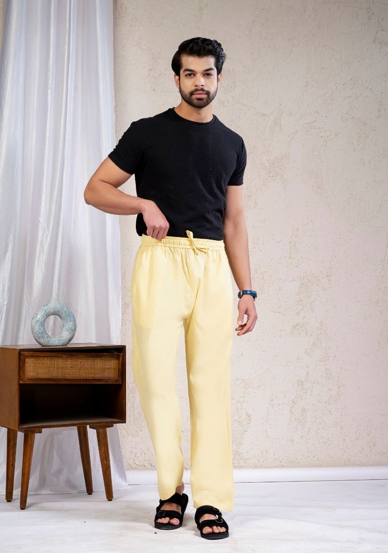 Lemon Yellow Cotton Linen Loose Fit Men Pant-49526