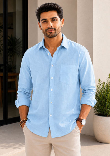 Light Blue Linen Relaxed Fit Full Sleeve Shirt-51885