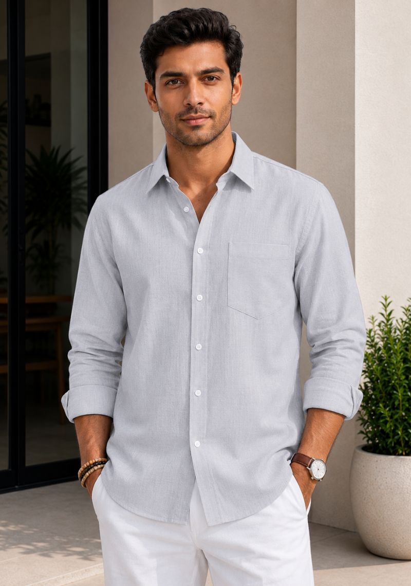 Light Gray Linen Relaxed Fit Full Sleeve Shirt-51886
