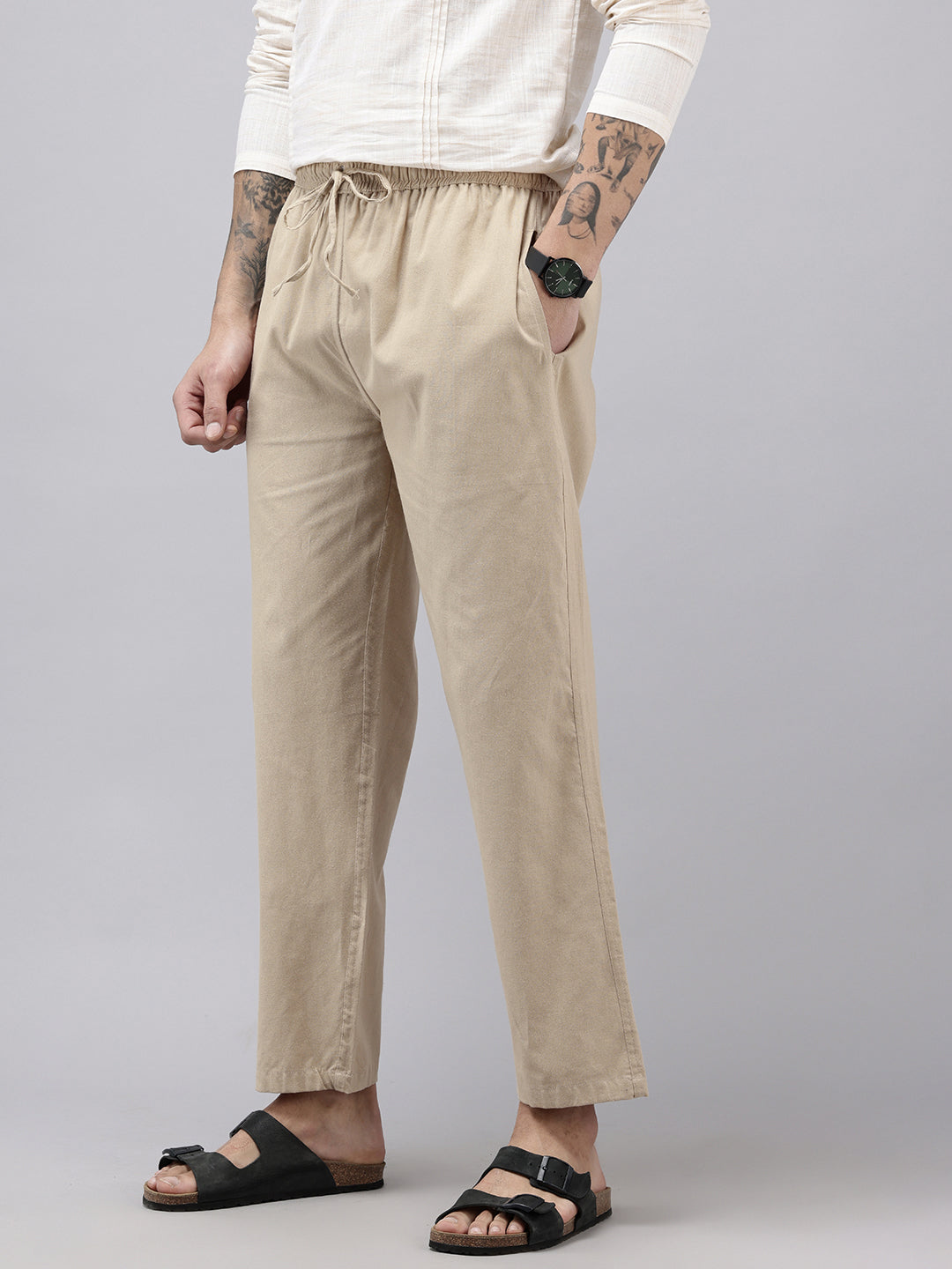 Men's Cotton Blend Solid Trouser Pants – Relaxed Fit | Elastic Waistband with Drawstring | Side & Back Pockets | Casual Everyday Comfort