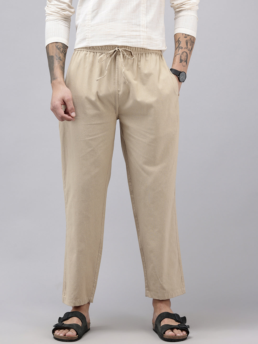 Men's Cotton Blend Solid Trouser Pants – Relaxed Fit | Elastic Waistband with Drawstring | Side & Back Pockets | Casual Everyday Comfort