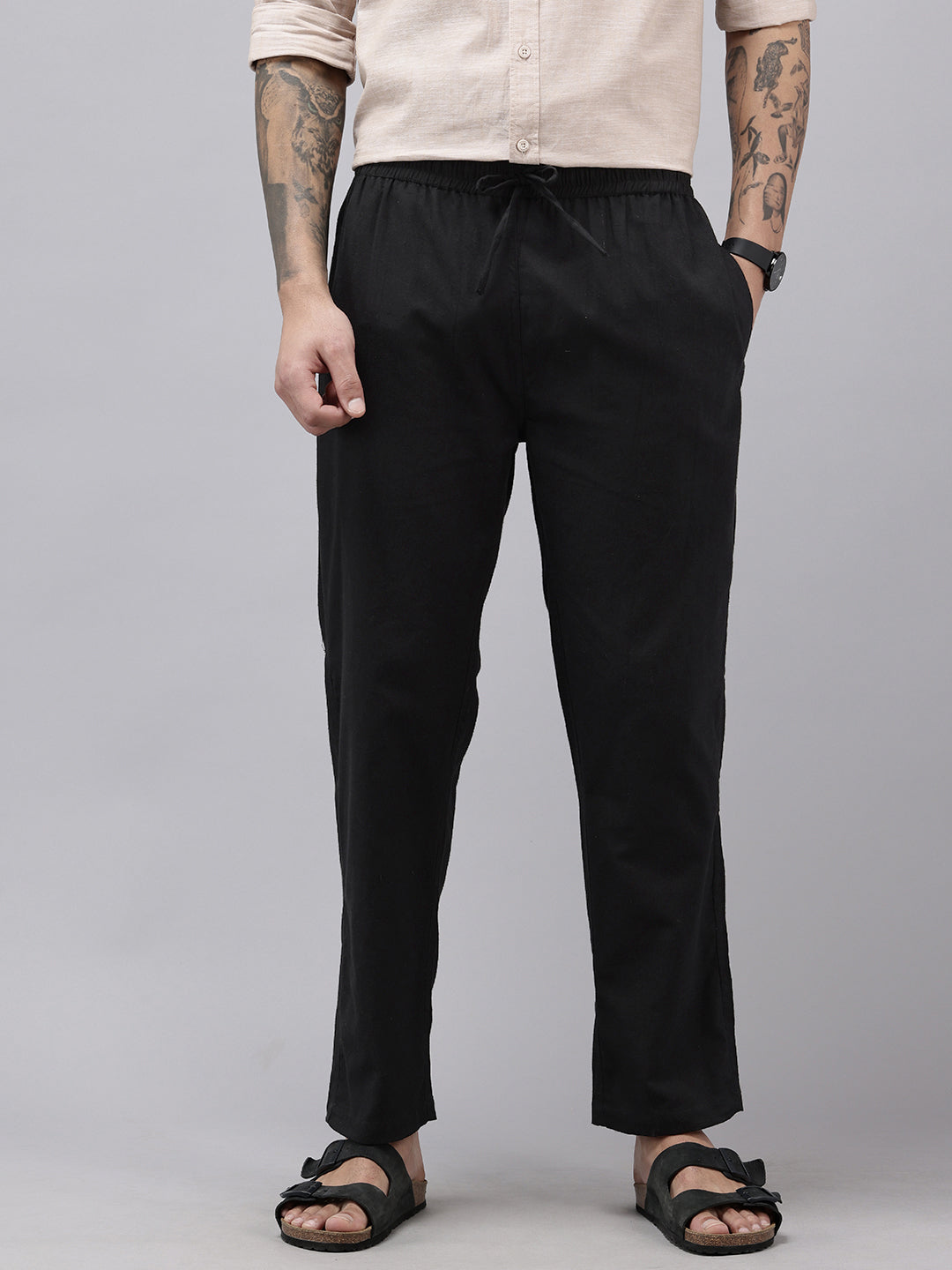 Men's Cotton Blend Solid Trouser Pants – Relaxed Fit | Elastic Waistband with Drawstring | Side & Back Pockets | Casual Everyday Comfort