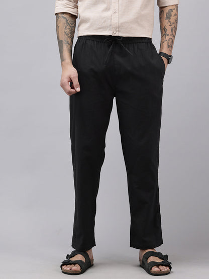 Men's Cotton Blend Solid Trouser Pants – Relaxed Fit | Elastic Waistband with Drawstring | Side & Back Pockets | Casual Everyday Comfort
