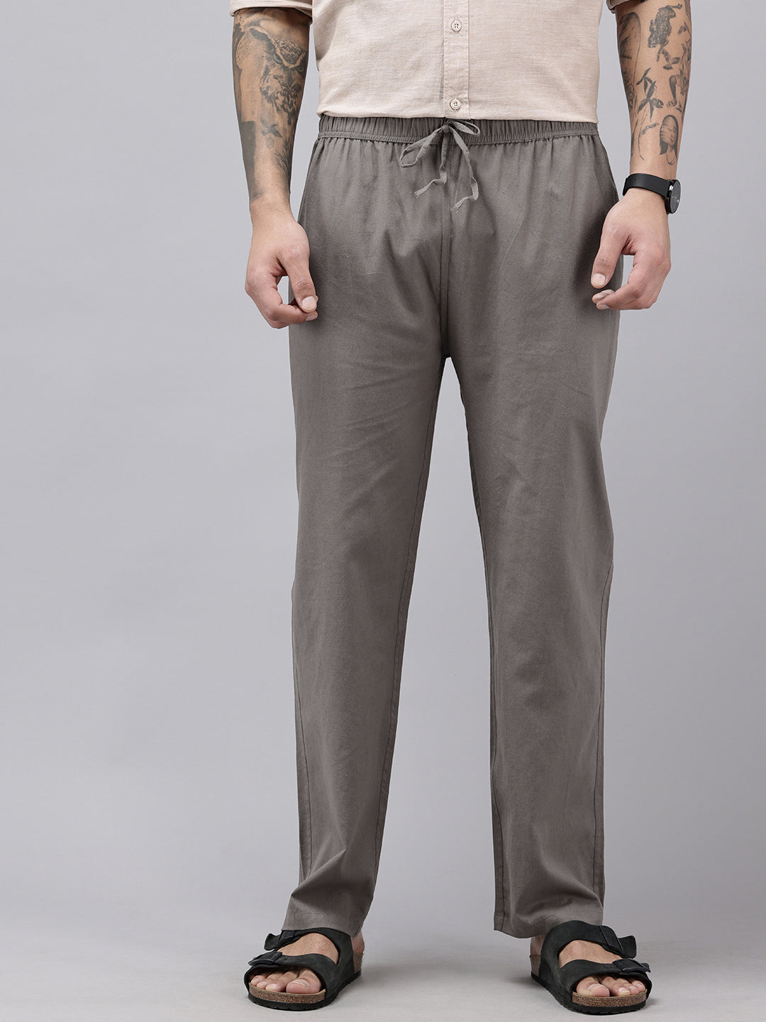 Men's Cotton Blend Solid Trouser Pants – Relaxed Fit | Elastic Waistband with Drawstring | Side & Back Pockets | Casual Everyday Comfort