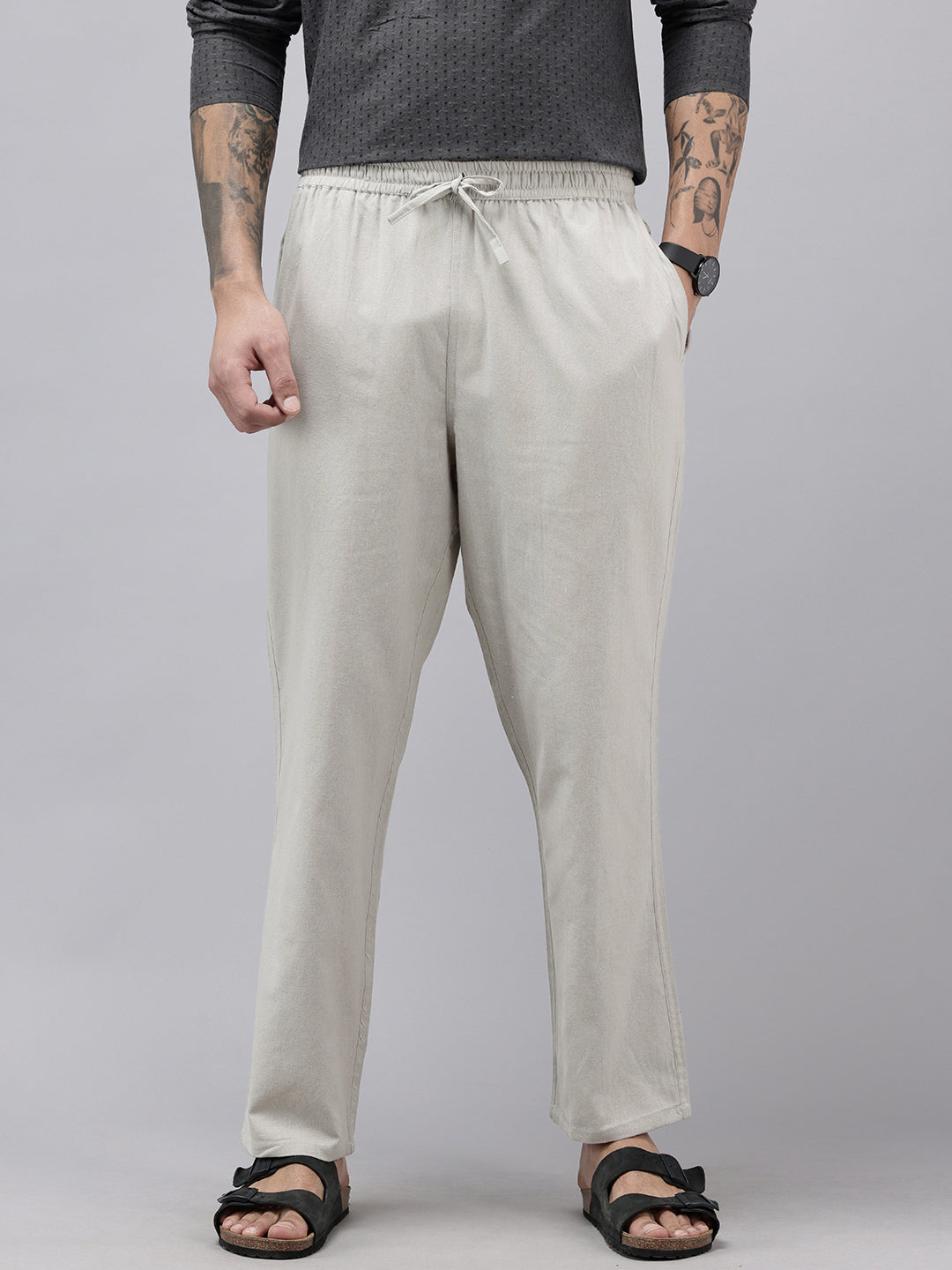 Men's Cotton Blend Solid Trouser Pants – Relaxed Fit | Elastic Waistband with Drawstring | Side & Back Pockets | Casual Everyday Comfort