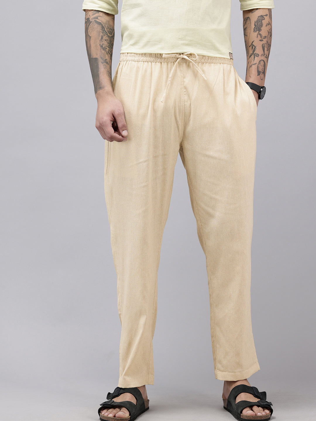 Men's Cotton Blend Solid Trouser Pants – Relaxed Fit | Elastic Waistband with Drawstring | Side & Back Pockets | Casual Everyday Comfort