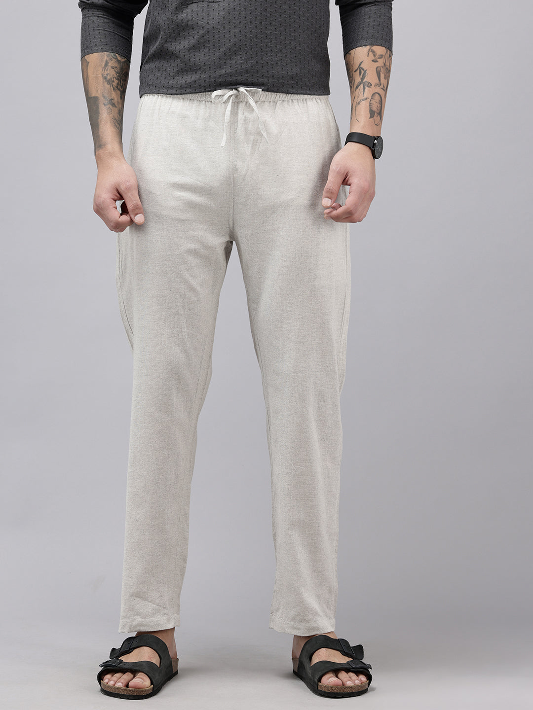 Men's Cotton Blend Solid Trouser Pants – Relaxed Fit | Elastic Waistband with Drawstring | Side & Back Pockets | Casual Everyday Comfort