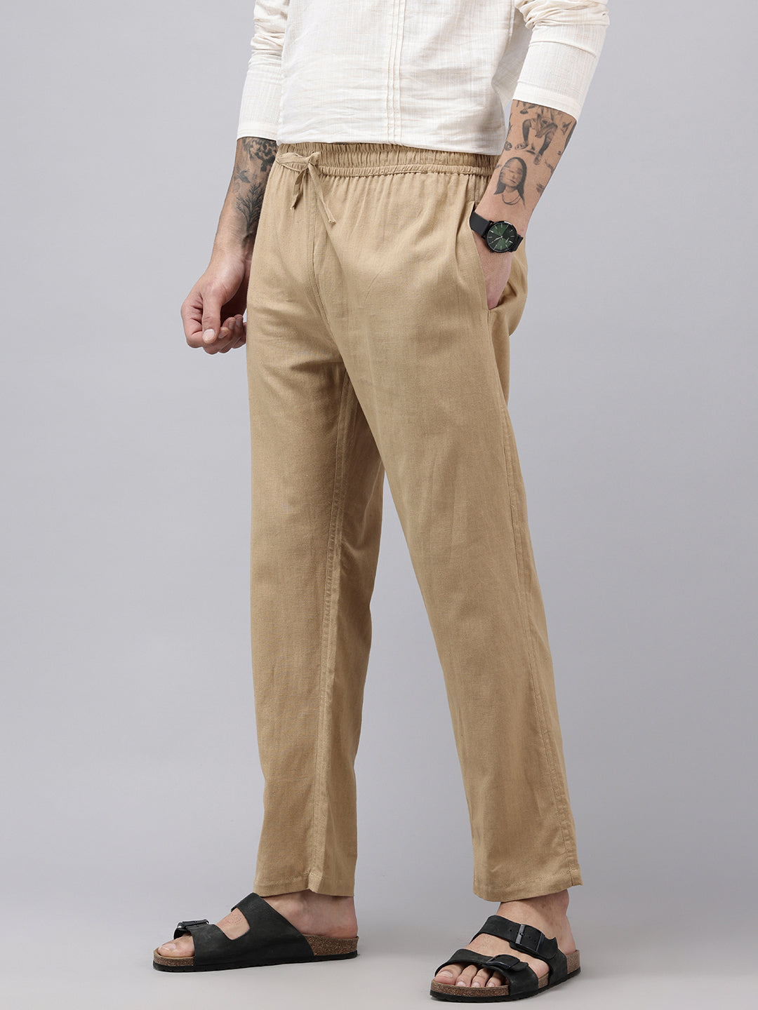 Men's Cotton Blend Solid Trouser Pants – Relaxed Fit | Elastic Waistband with Drawstring | Side & Back Pockets | Casual Everyday Comfort