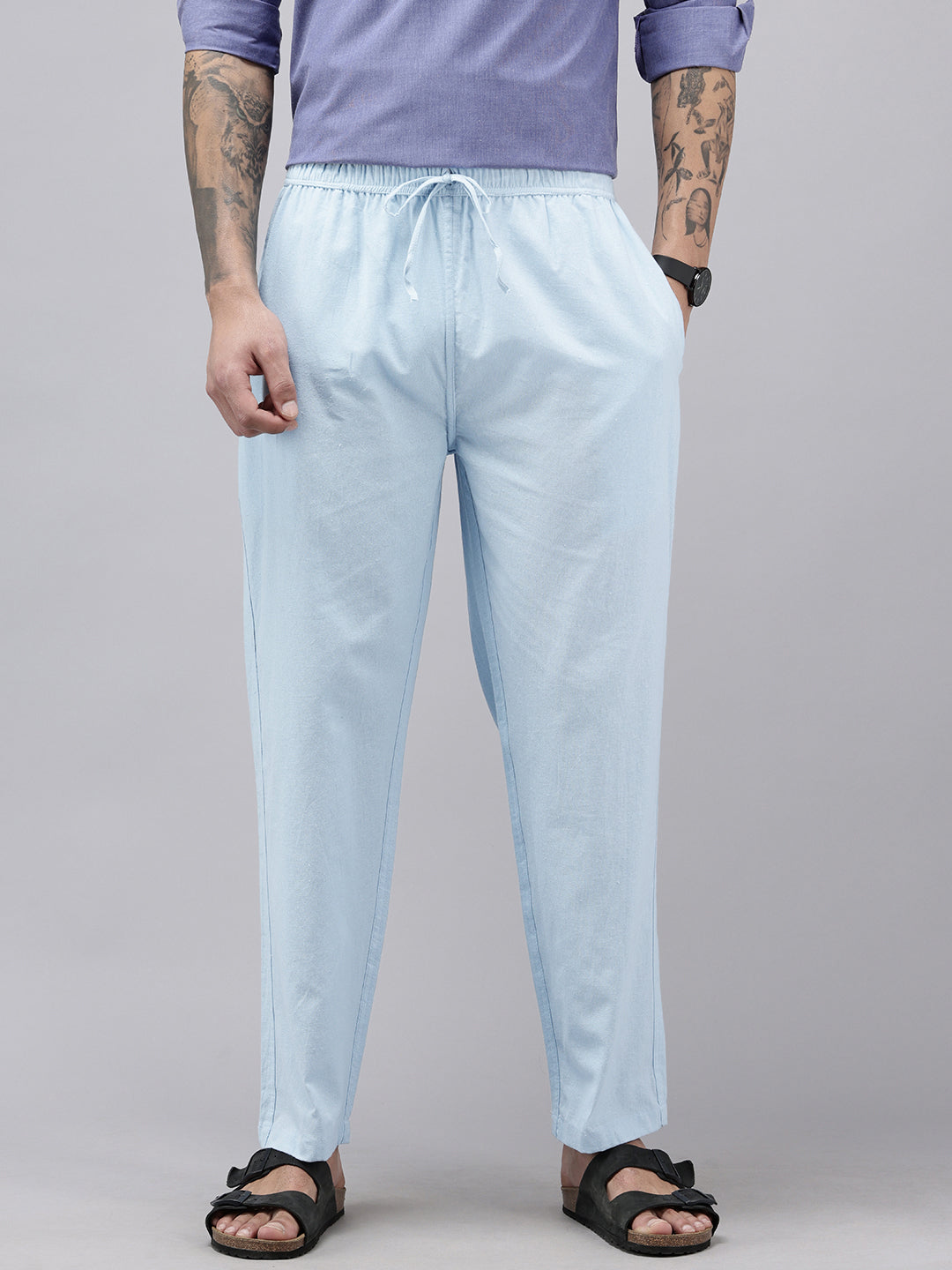 Men's Cotton Blend Solid Trouser Pants – Relaxed Fit | Elastic Waistband with Drawstring | Side & Back Pockets | Casual Everyday Comfort