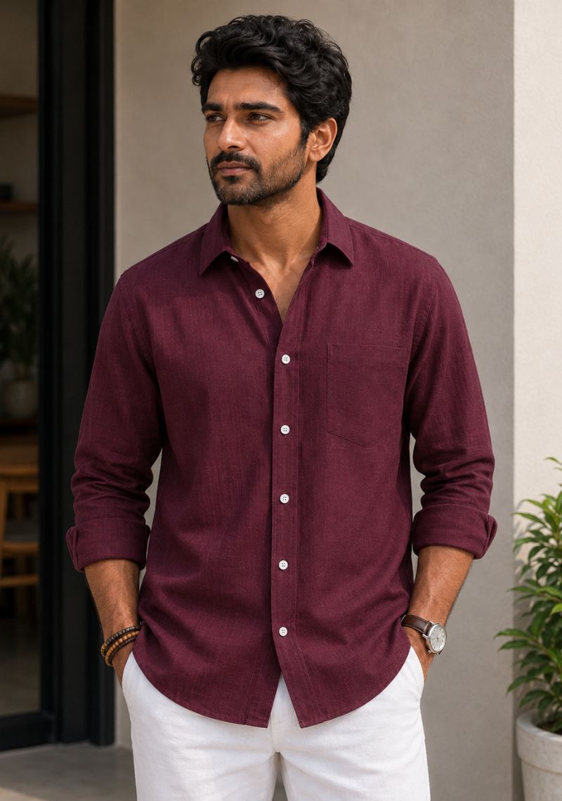 Maroon Linen Relaxed Fit Full Sleeve Shirt-51887