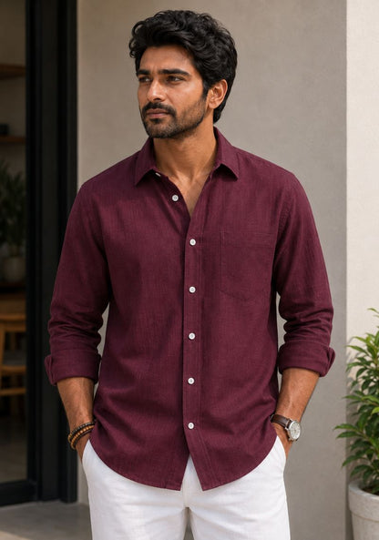 Maroon Linen Relaxed Fit Full Sleeve Shirt-51887