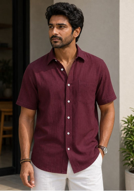 Maroon Linen Relaxed Fit Half Sleeve Shirt-51709