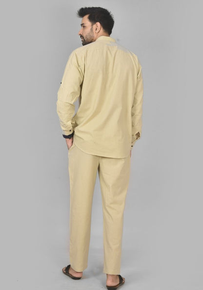 Men Cotton Solid Co-ord Set Beige-50208