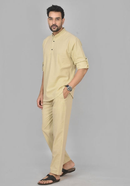 Men Cotton Solid Co-ord Set Beige-50208