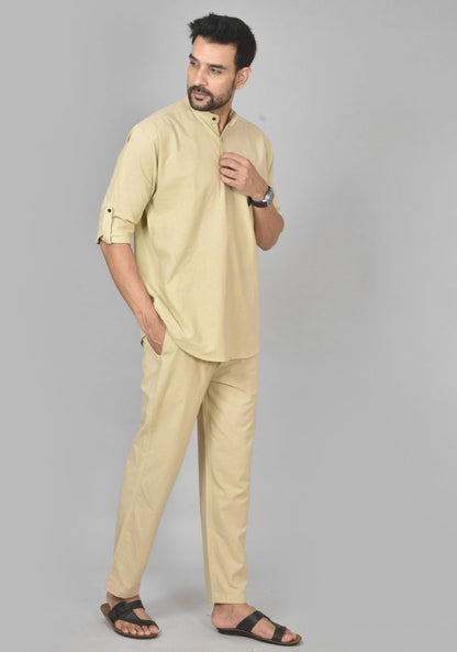 Men Cotton Solid Co-ord Set Beige-50208