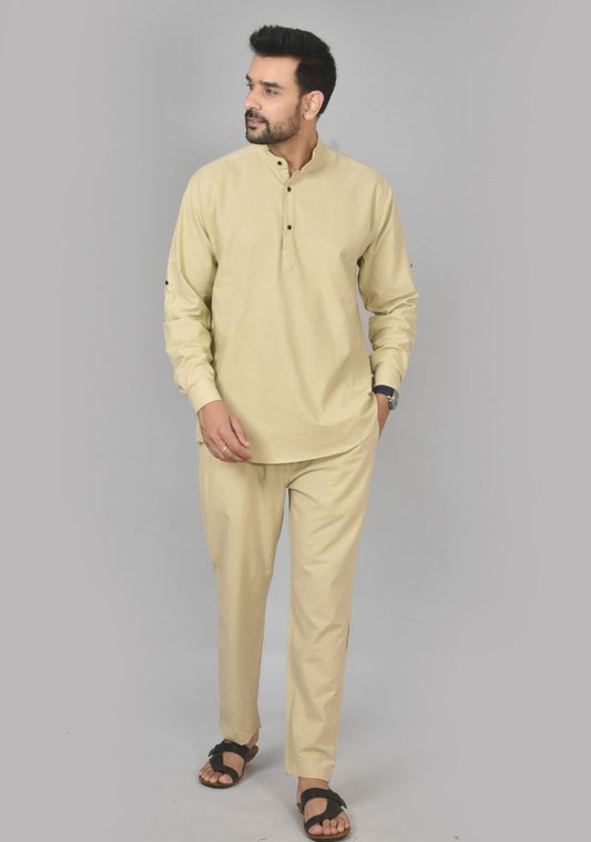 Men Cotton Solid Co-ord Set Beige-50208