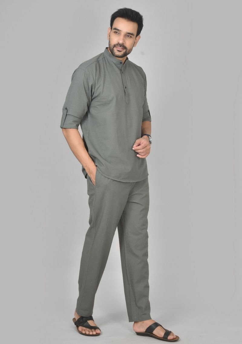 Men Cotton Solid Co-ord Set Gray-50218
