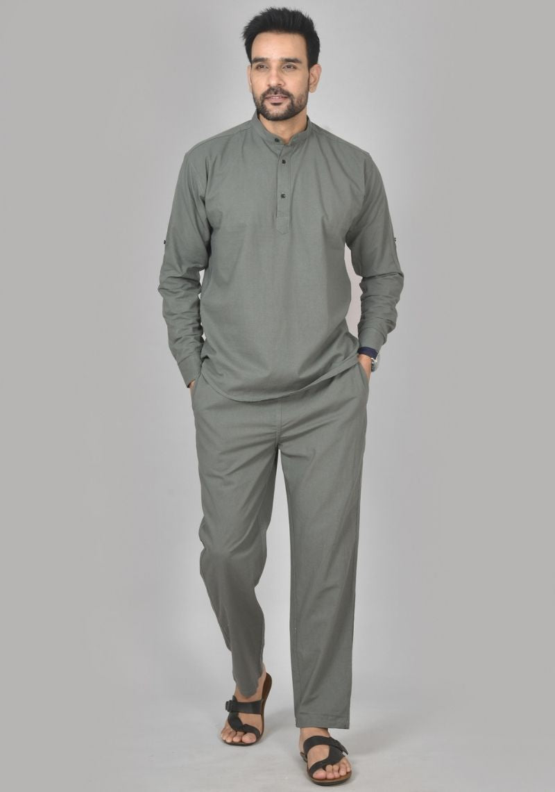 Men Cotton Solid Co-ord Set Gray-50218