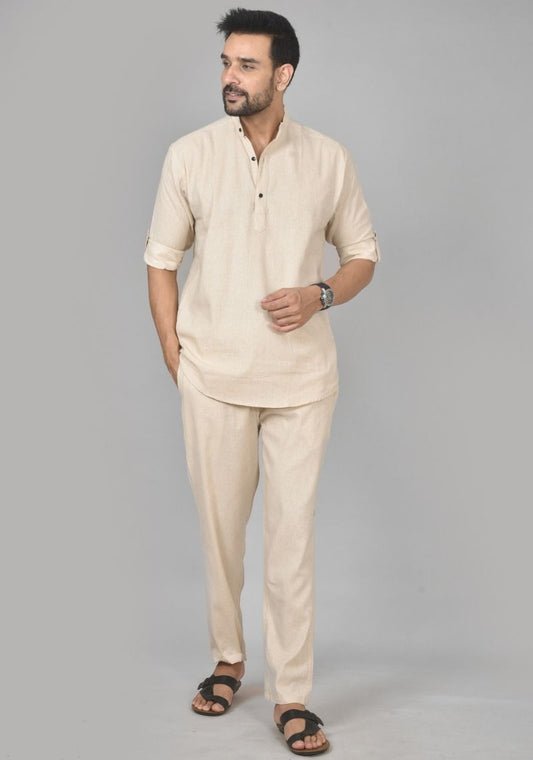 Men Cotton Solid Co-ord Set Light Beige-50216