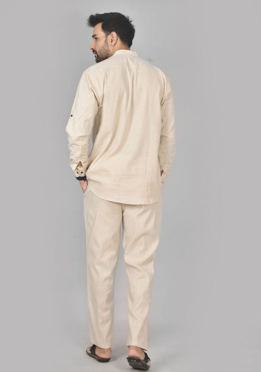Men Cotton Solid Co-ord Set Light Beige-50216