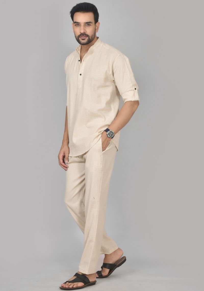 Men Cotton Solid Co-ord Set Light Beige-50216