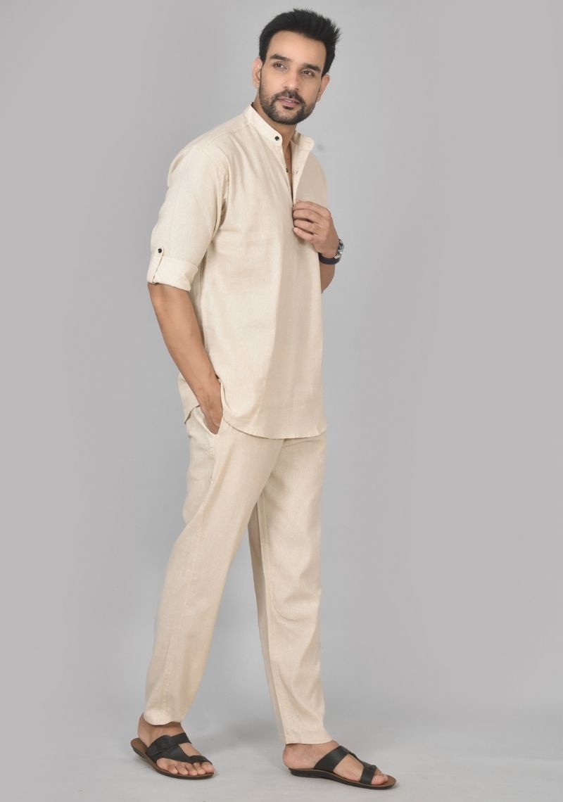Men Cotton Solid Co-ord Set Light Beige-50216