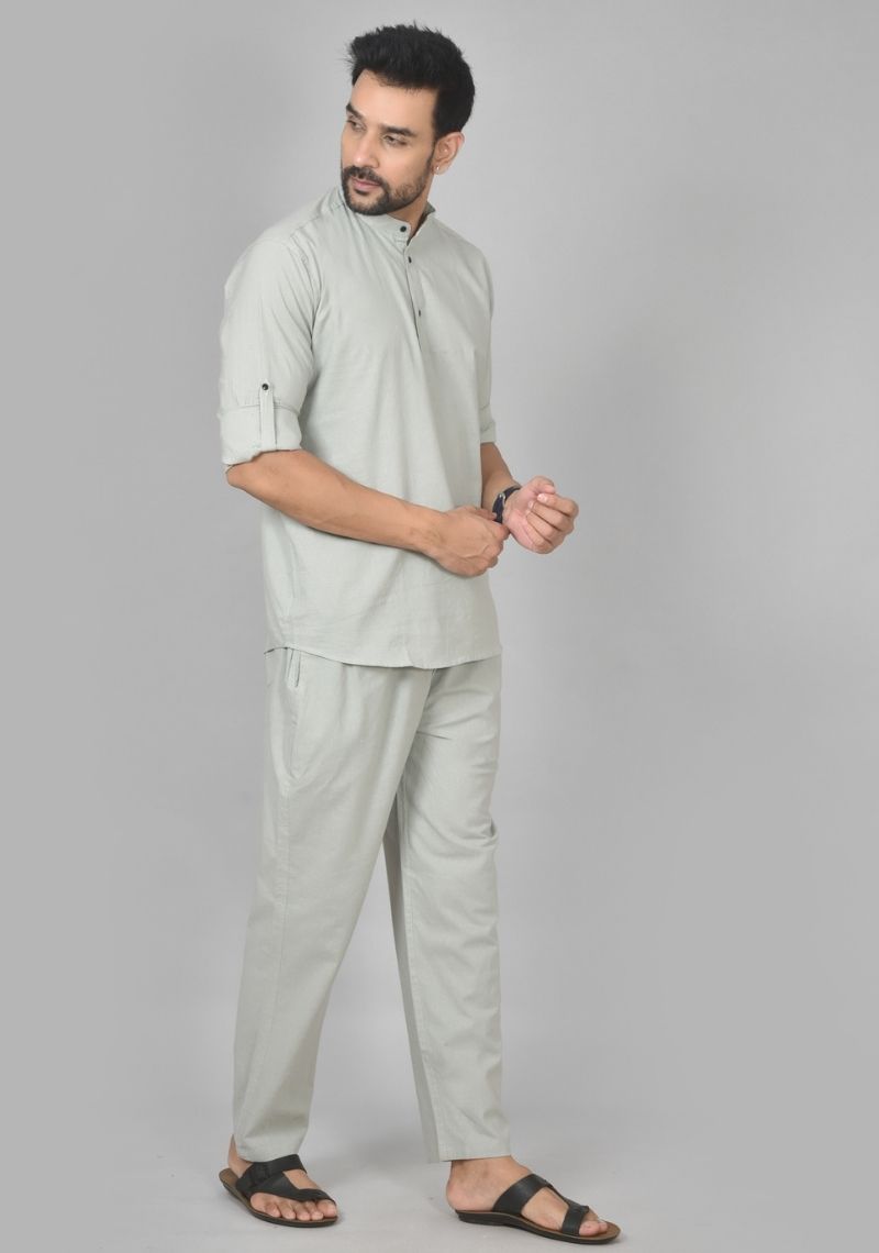 Men Cotton Solid Co-ord Set Light Gray-50210