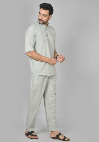 Men Cotton Solid Co-ord Set Light Gray-50210
