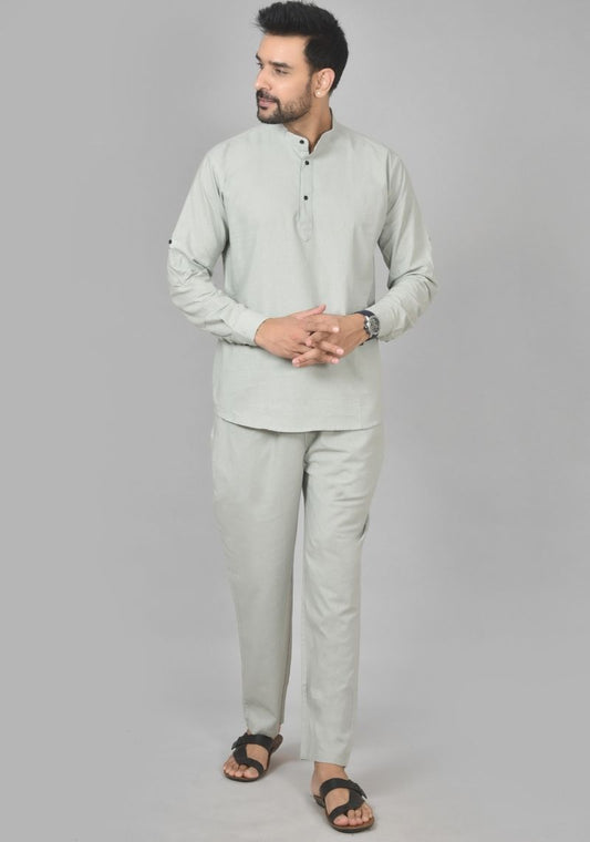 Men Cotton Solid Co-ord Set Light Gray-50210