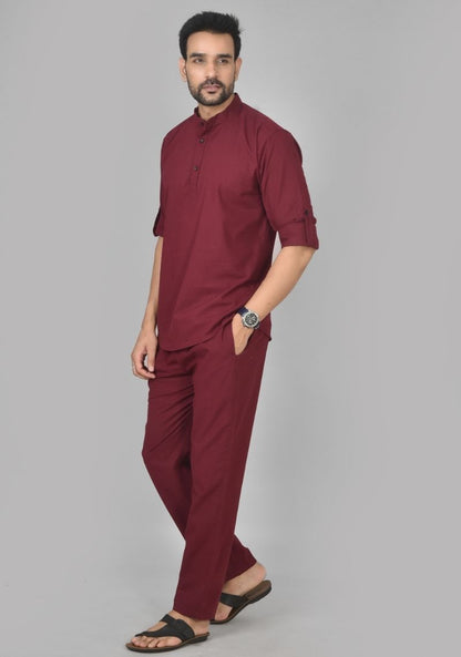 Men Cotton Solid Co-ord Set Maroon-50206