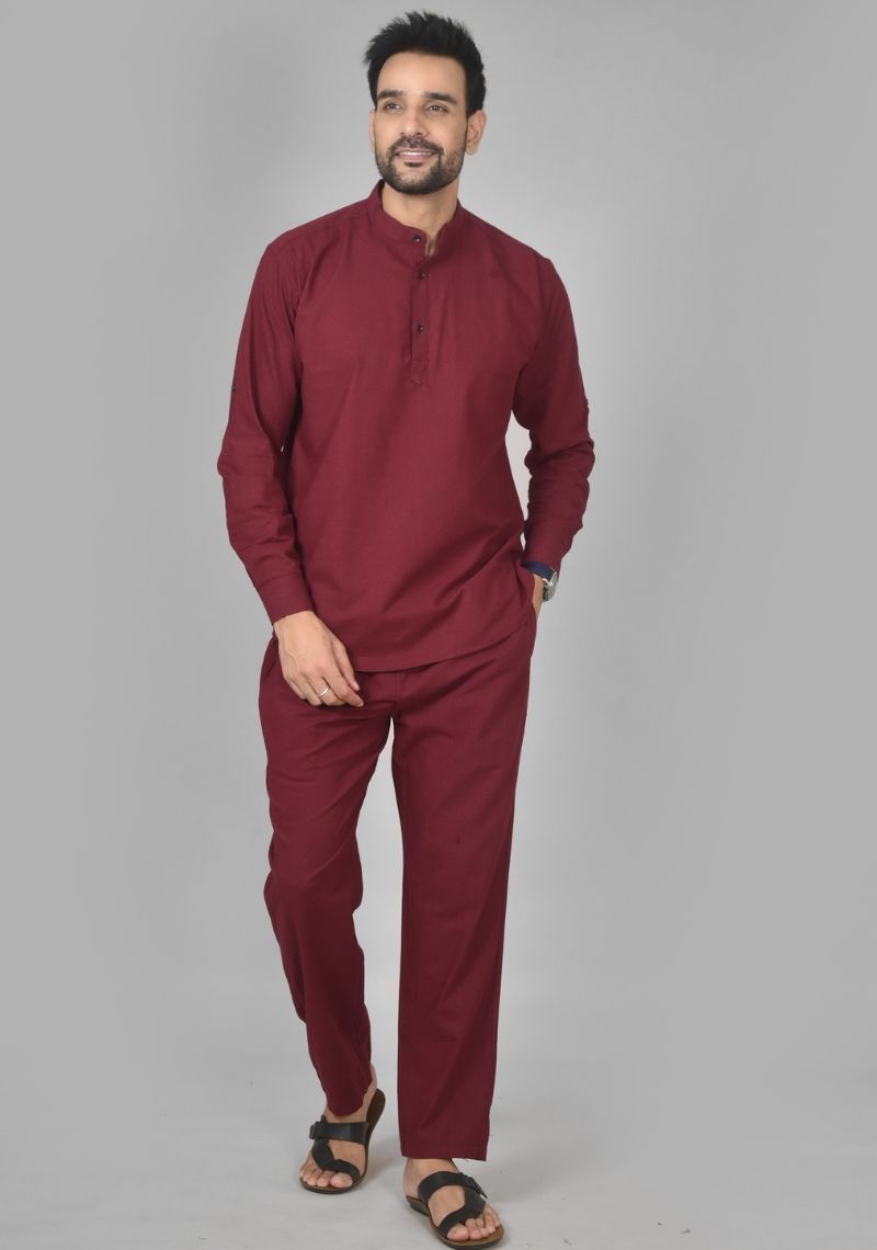 Men Cotton Solid Co-ord Set Maroon-50206