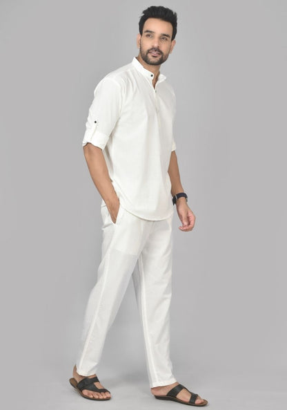 Men Cotton Solid Co-ord Set Off White-50215