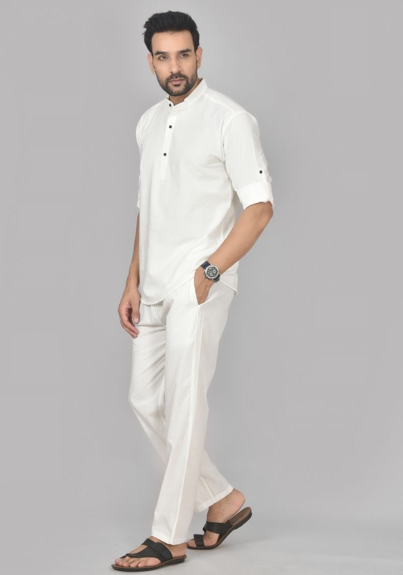 Men Cotton Solid Co-ord Set Off White-50215