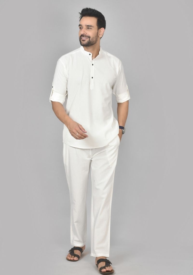Men Cotton Solid Co-ord Set Off White-50215