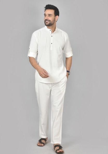 Men Cotton Solid Co-ord Set Off White-50215