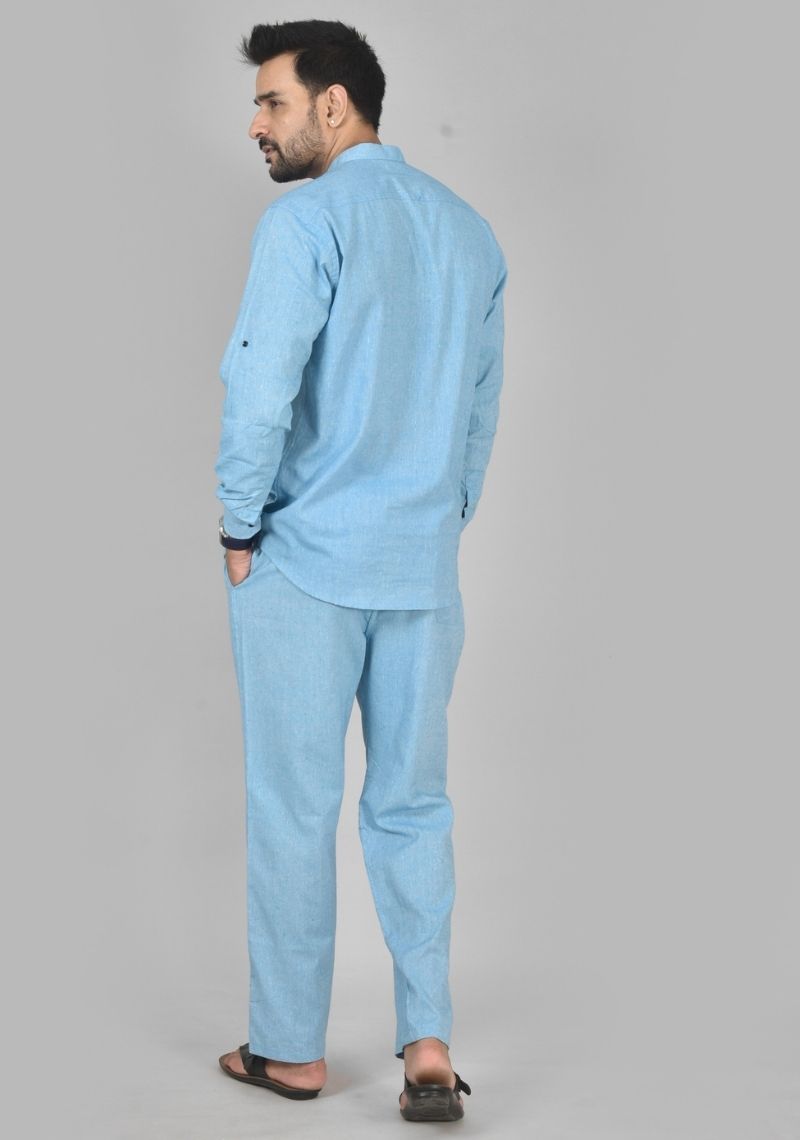 Men Cotton Solid Co-ord Set Sky Blue-50220